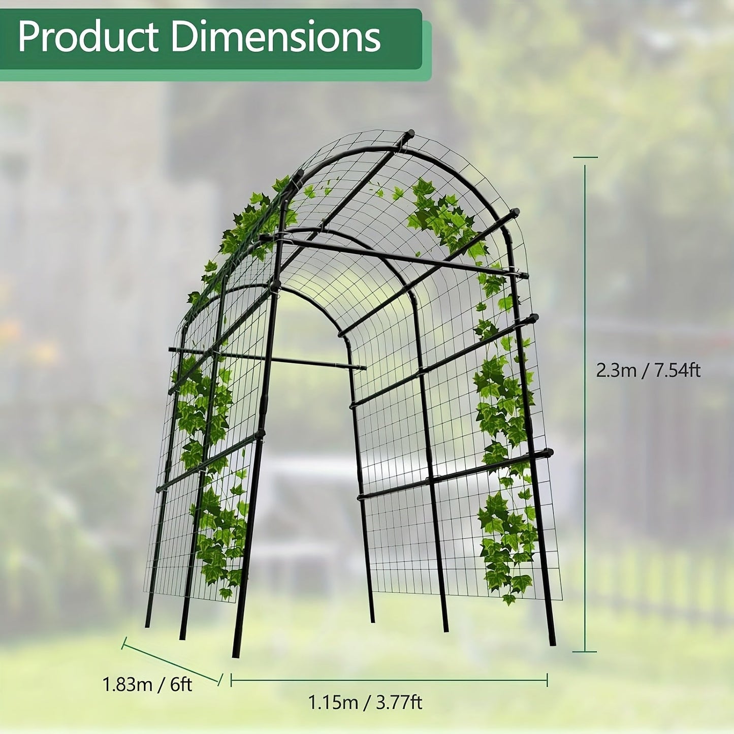 7.5-Foot Garden Arch Trellis with Metal Grid Panels, Seven Horizontal Pipes and Black Frame