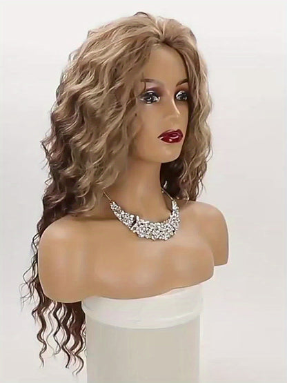 Synthetic Wig 30-Inch Long Curly Waves with Dark Roots, Middle Part and Three Ombre Colors