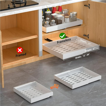 Expandable Pull-Out Cabinet Shelf with Adjustable Width, 16.5- or 21-Inch Depths and Black or White Pack Options