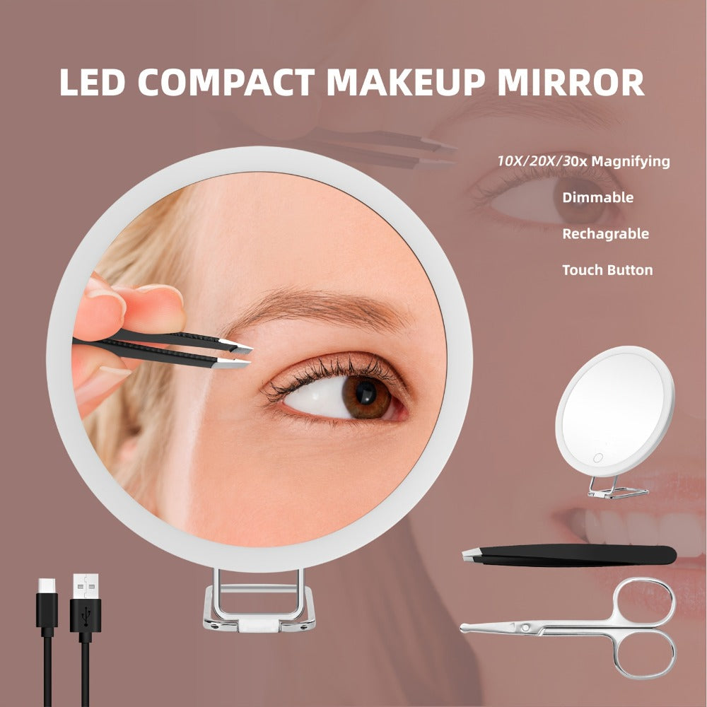 Rechargeable 30X LED Magnifying Mirror with 6-Inch Handheld Travel Design, Hanging Loop and Two Options