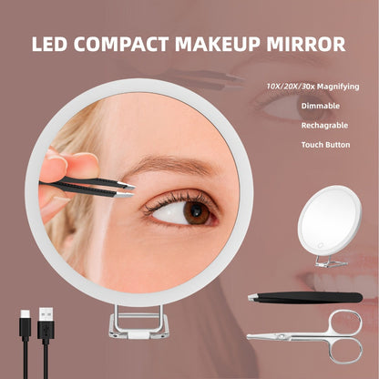 Rechargeable 30X LED Magnifying Mirror with 6-Inch Handheld Travel Design, Hanging Loop and Two Options