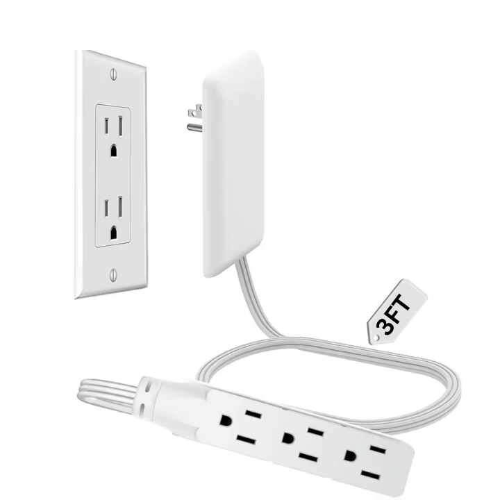 White Flat-Plug Extension Cord with Three-Outlet Wall-Hugger Strip in 3-, 5- or 8-Foot Lengths
