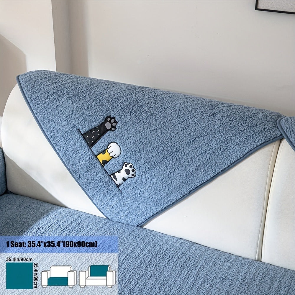Sofa Cover, Sherpa Plush Cat-Paw Embroidered Seat Pad with Non-Slip Backing in Four Colors and Seven Sizes