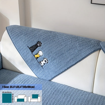 Sofa Cover, Sherpa Plush Cat-Paw Embroidered Seat Pad with Non-Slip Backing in Four Colors and Seven Sizes