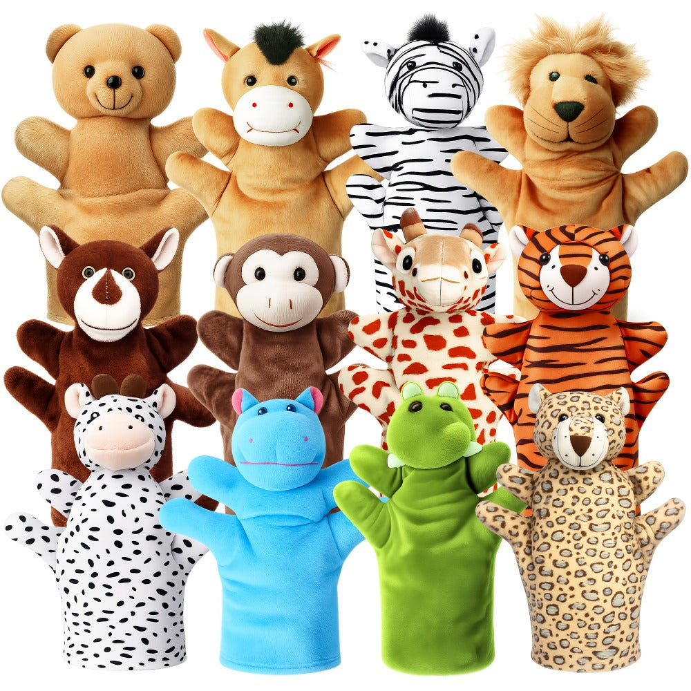 Zoo Animal Hand Puppets Set 12pcs Plush Pretend Toys with Tiger Lion Bear Leopard & More, Soft Stuffed Puppet for Storytelling Teaching Role Play, Kids Toddlers Birthday Christmas Halloween Gift