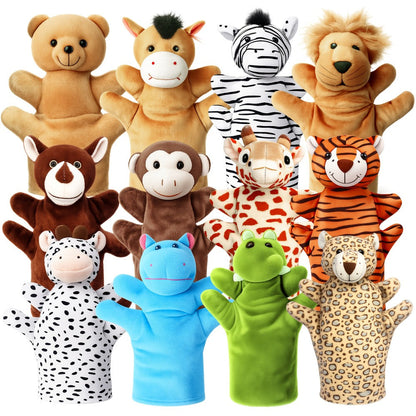 Zoo Animal Hand Puppets Set 12pcs Plush Pretend Toys with Tiger Lion Bear Leopard & More, Soft Stuffed Puppet for Storytelling Teaching Role Play, Kids Toddlers Birthday Christmas Halloween Gift