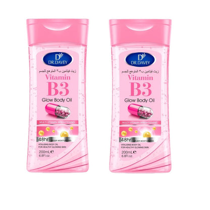 Vitamin B3 Body Oil, Two-Piece Set of 200ml Flip-Top Bottles with Coordinated Pink Niacinamide Labels