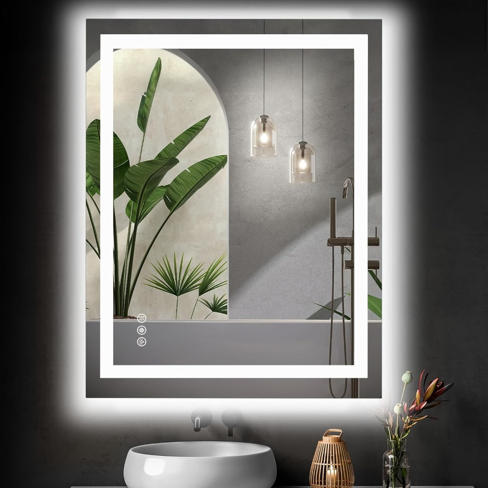 LED Bathroom Mirror with Anti-Fog – Dimmable Vanity Mirror, 3 Color Lighting Modes, Dual Light Source, Wall Mounted Horizontal or Vertical, Tempered Glass, Multiple Sizes