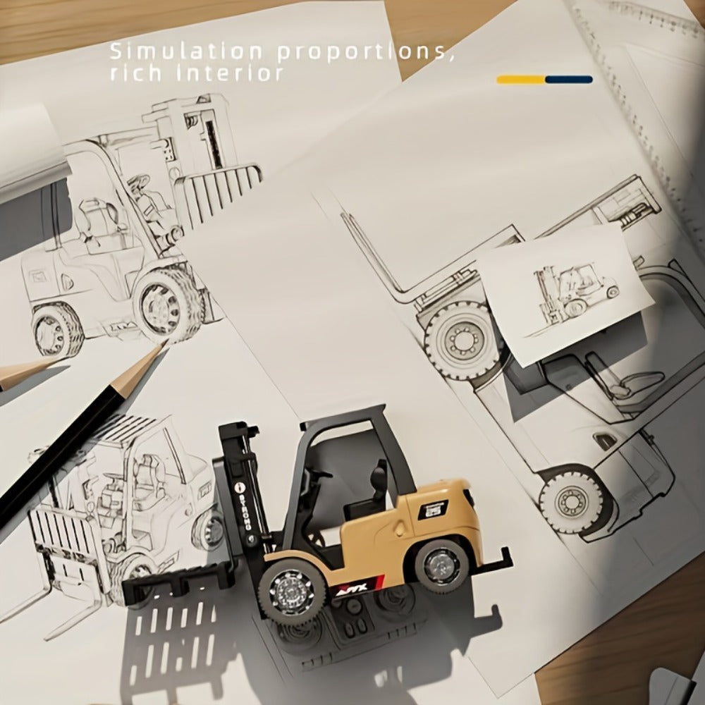 RC Forklift Toy 1/64 Scale Alloy Die Cast Remote Control Forklift Truck 7 Channel 3-in-1 Lift Fork Hook with Lights Rechargeable Kids Christmas Gift