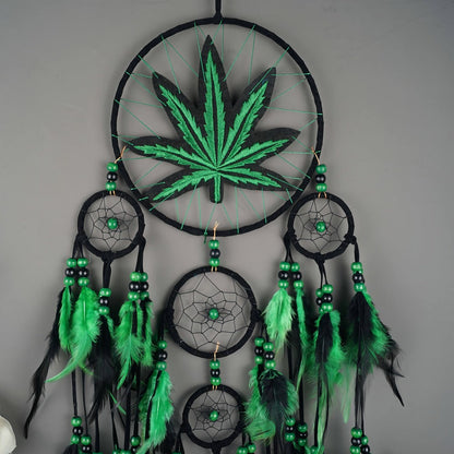 Bohemian Dream Catcher with Feathers & Leaf Embroidery, Boho Wall Hanging Decor for Bedroom, Bedside