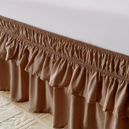 Double Ruffle Bed Skirt 16" Drop | Elastic Wrap Around Dust Ruffle for Twin Full Queen King Bed | Easy Install Machine Washable Soft Linen Poly Blend Bedskirt