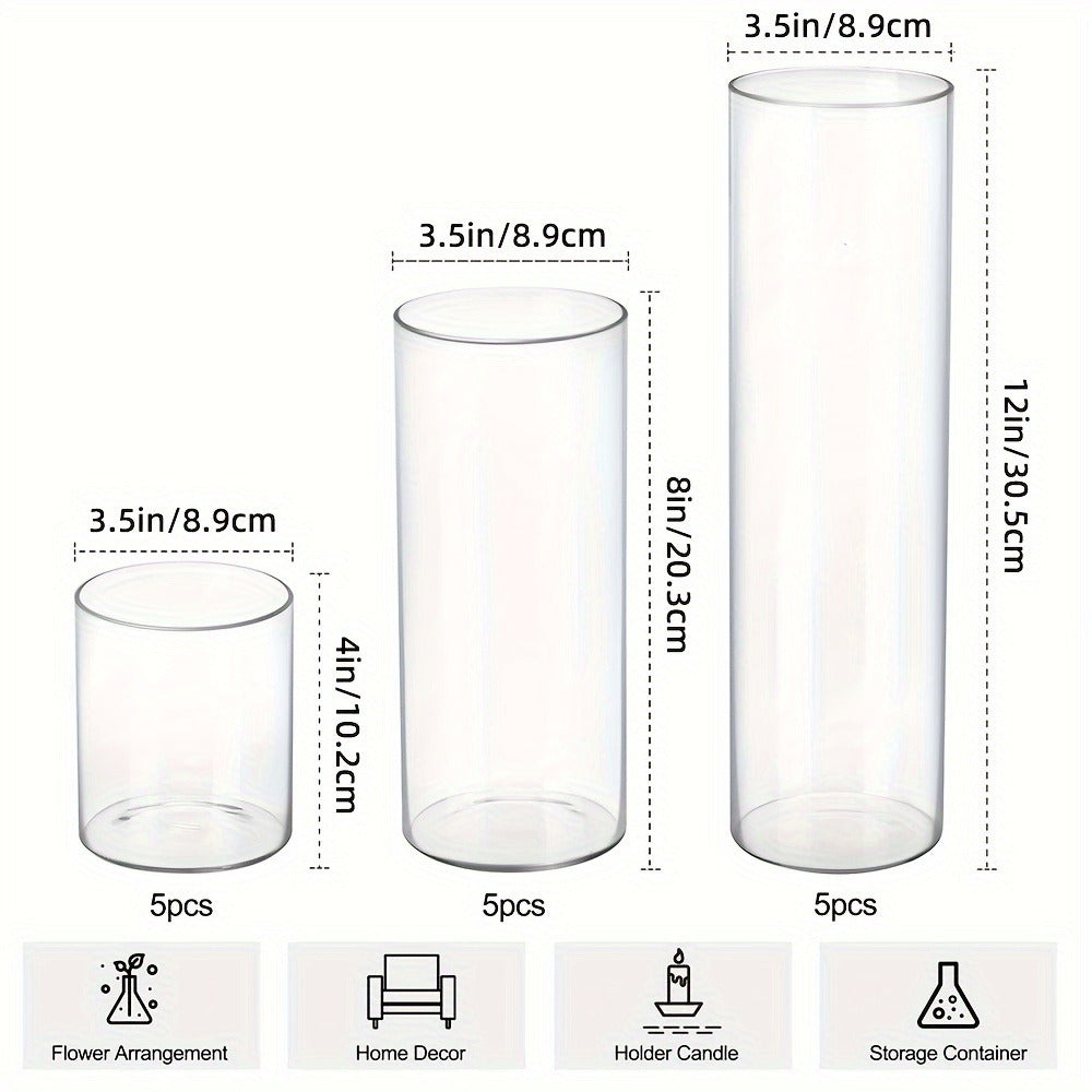 Clear Glass Cylinder Vase Set in 18- or 24-Piece Configurations with 4, 8 and 12-Inch Heights