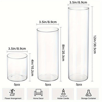 Clear Glass Cylinder Vase Set in 18- or 24-Piece Configurations with 4, 8 and 12-Inch Heights