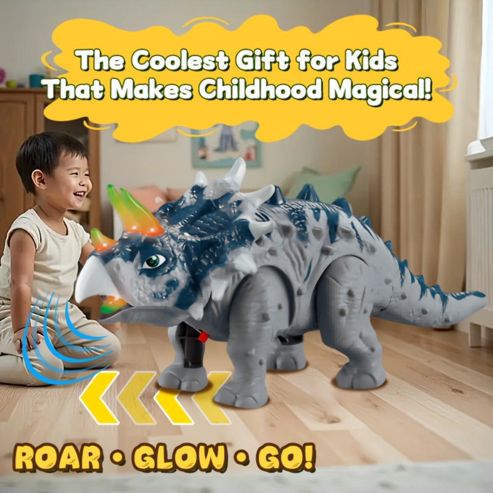 Walking Triceratops Dinosaur Toy with Roaring Sound, LED Lights and Green, Gray or Two-Piece Options