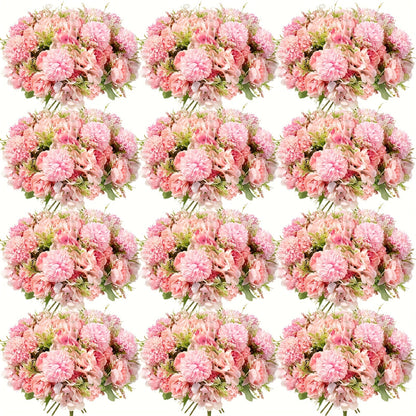 Artificial Flowers 12-Bundle Peony and Hydrangea Bouquet Set in Five Colors for Wedding Decor