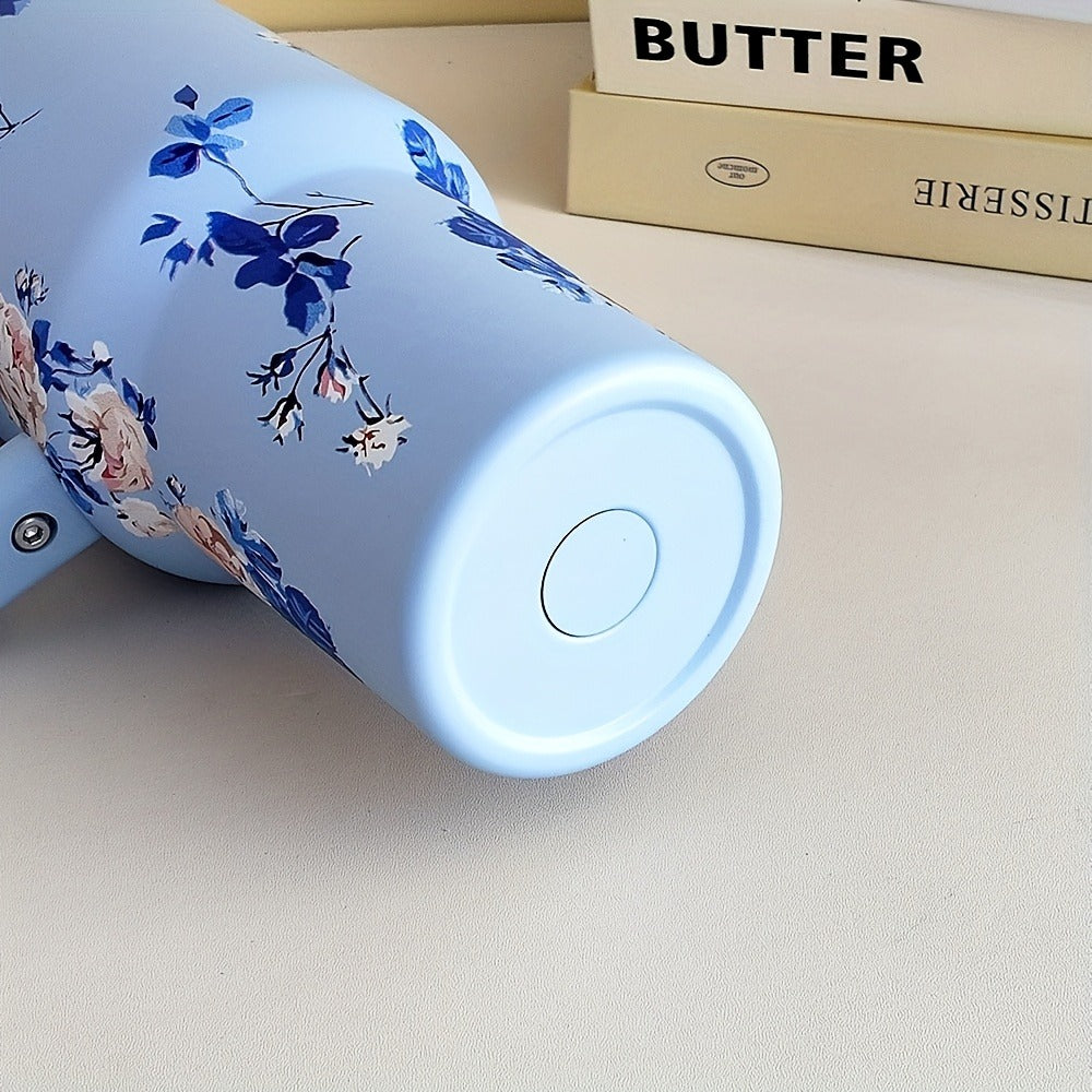 40oz Floral Handled Tumbler with Straw Lid in White, Pink, Blue or Pink Butterfly Checkout Designs