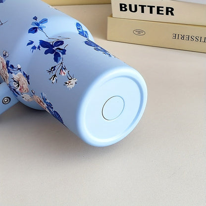 40oz Floral Handled Tumbler with Straw Lid in White, Pink, Blue or Pink Butterfly Checkout Designs
