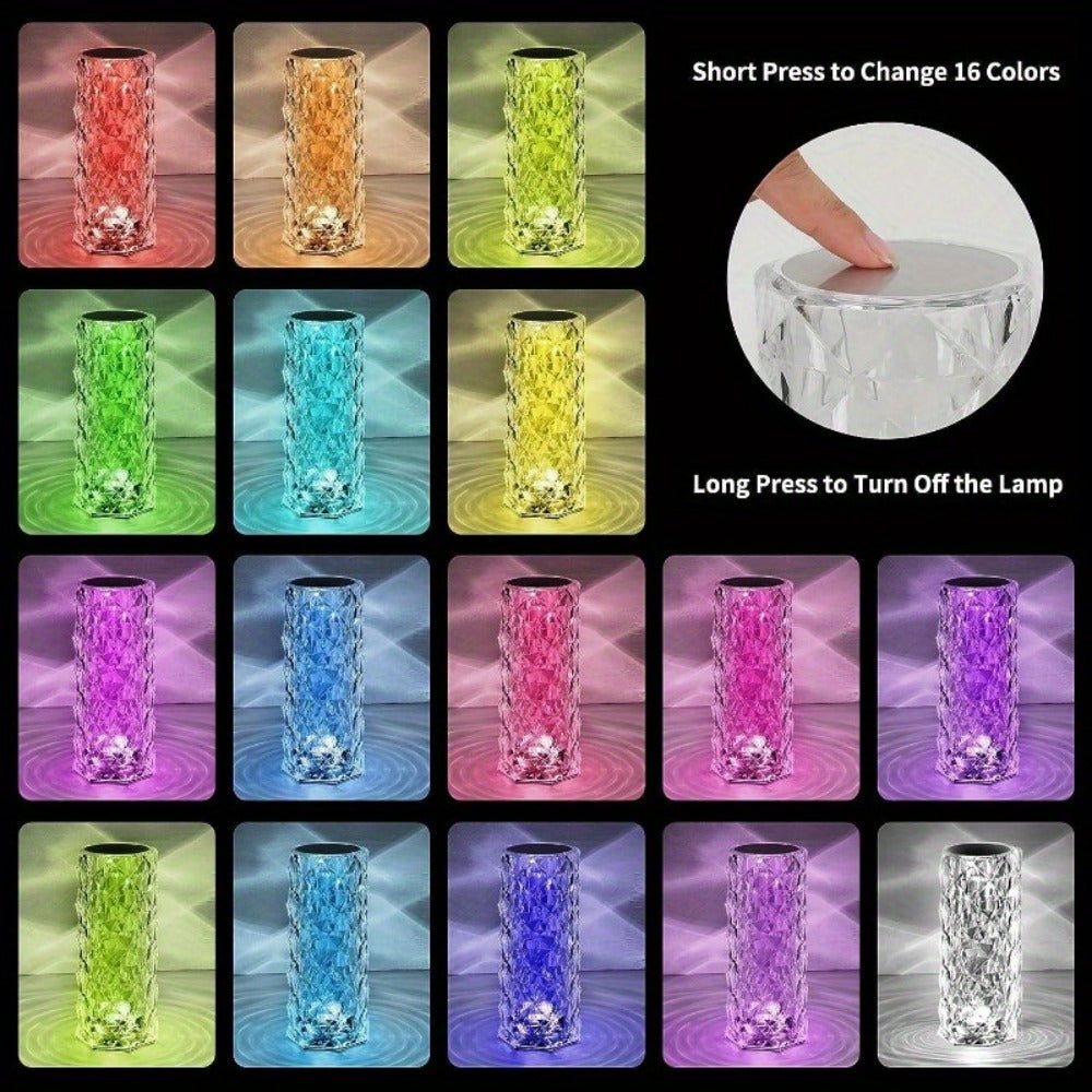Crystal Diamond Rose Table Lamp RGB LED – Remote & Touch Control Dimmable USB Rechargeable Uplight for Home, Office, Dating & Parties, Perfect Gift for Women & Couples