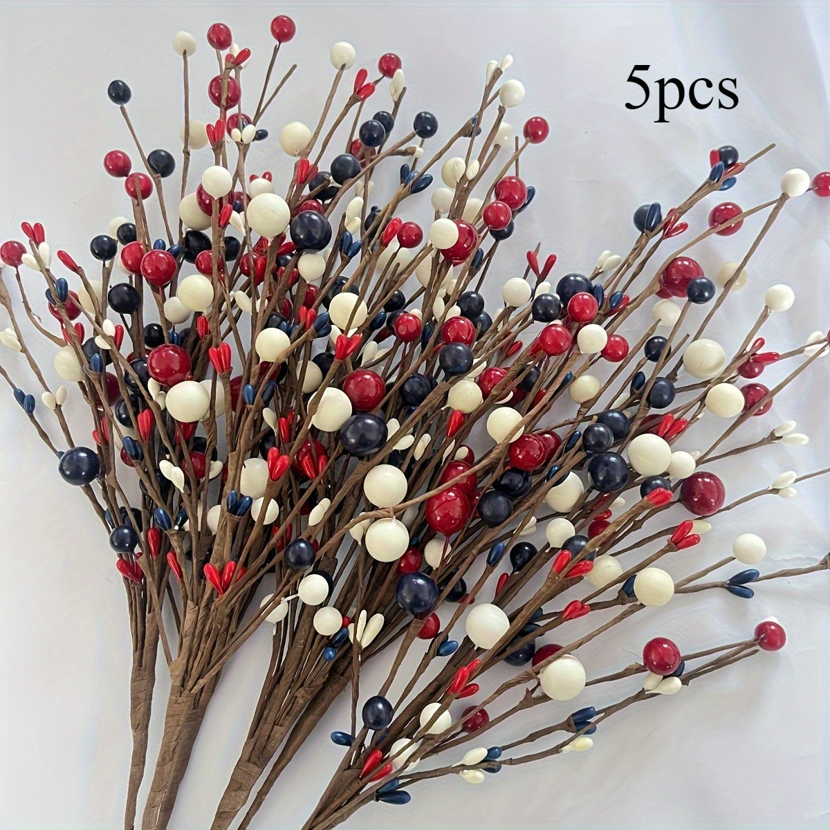 Artificial Berry Branches Red White Blue Patriotic Decor – 5pcs Fake Plastic Stems for Home Tabletop Vase Floral Arrangement Fourth of July