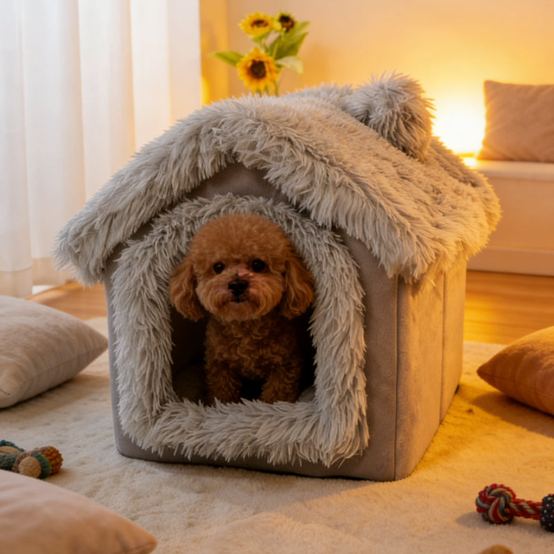 Plush Dog House Cave Bed with Brown-1 Finish, L Size Label and Padded Inner Mat for Indoor Pets