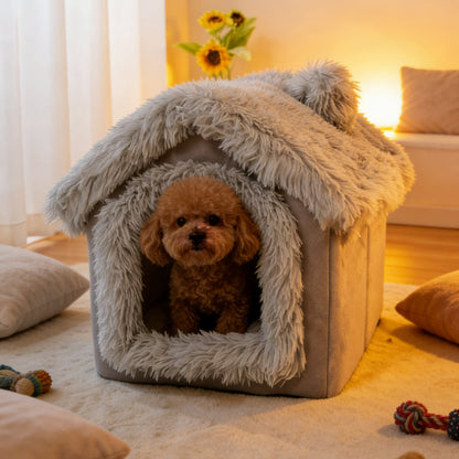 Plush Dog House Cave Bed with Brown-1 Finish, L Size Label and Padded Inner Mat for Indoor Pets