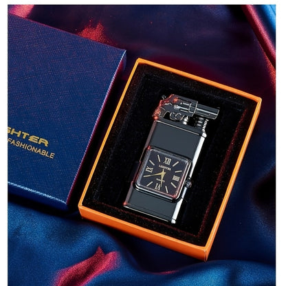 Double Flame Windproof Lighter Creative Retro Metal Lighter Dragon Eagle Gun Shape Quartz Dial Portable Outdoor Lighter Men Gift Box Butane Gas Not Included