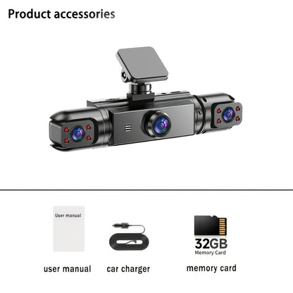 360° Panoramic Dash Cam 3 & 4 Lens 1080P HD Front + 720P Rear Left Right, Quad-Split Screen, HD Night Vision WDR G-Sensor Loop Recording, Full Coverage Car Camera, 32GB/64GB SD Card Options