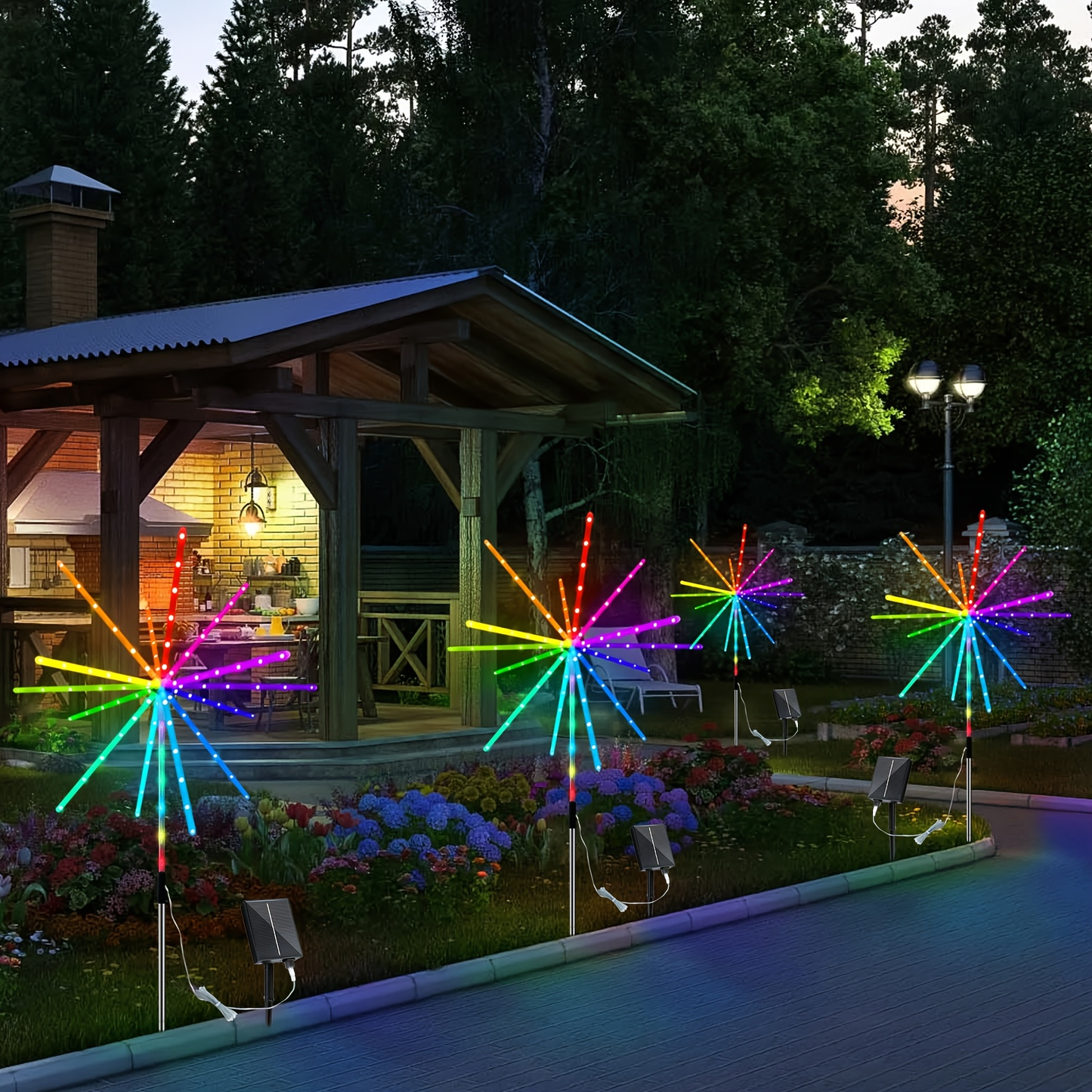 Solar Outdoor Lights 4-Pack 336-LED 3D Meteor Stakes with Remote, Multicolor Output and IP65 Rating