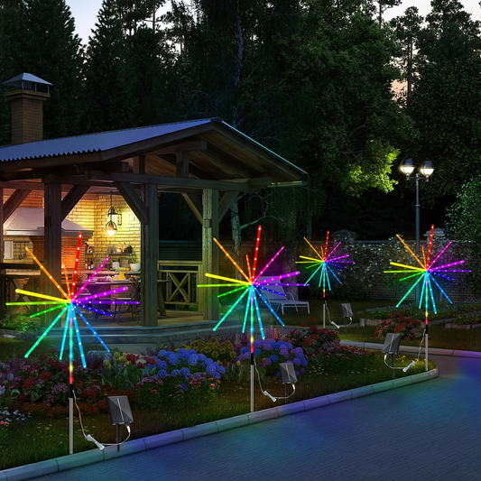 Solar Outdoor Lights 4-Pack 336-LED 3D Meteor Stakes with Remote, Multicolor Output and IP65 Rating