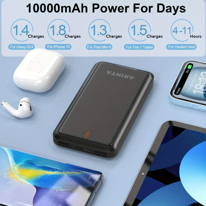 Power Bank 10000mAh 5V/2A for Heated Clothing with USB-C Input/Output in Black or White Battery Pack