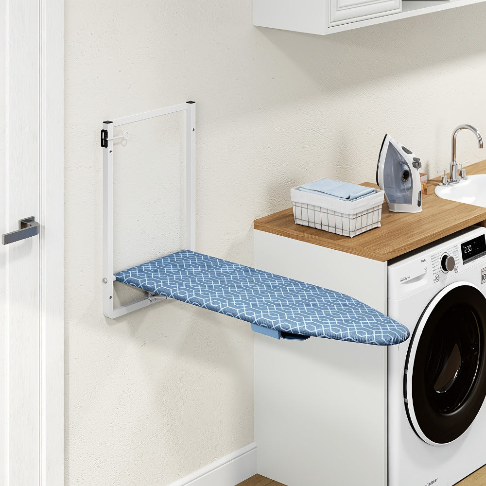 Wall-Mounted Fold-Down Ironing Board with 36-by-12-Inch Surface in Light Blue or Blue Covers