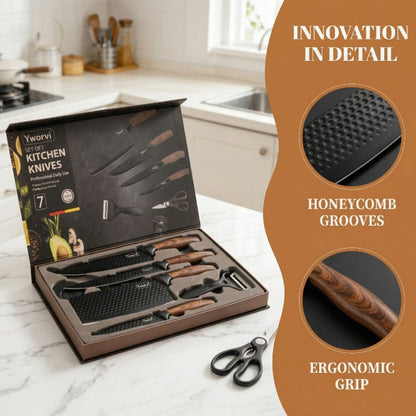 Seven-Piece Kitchen Knife Set with Four Blades, Scissors, Peeler and Sharpener, Offered in Two Styles