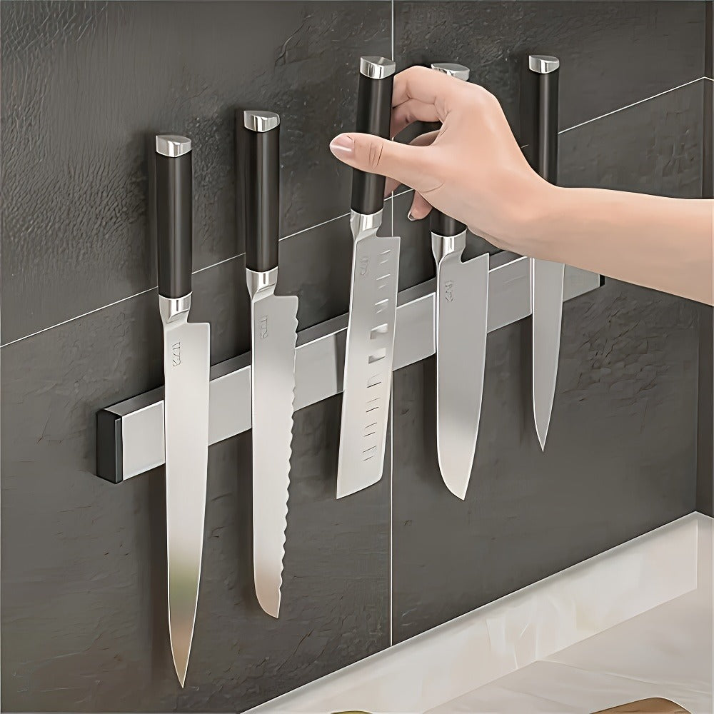 Magnetic Knife Holder Wall Mounted – Stainless Steel Punch-Free Knife Strip Rack for Kitchen, Holds Chef Knife Santoku Bread Knife, No-Drill Knife Bar for Home Restaurant Kitchen Organization