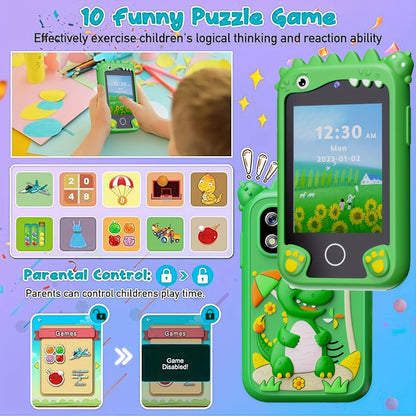 Kids Smart Phone Toy with Touchscreen HD Dual Camera & 8GB SD Card – Dinosaur Children's Cell Phone for Boys & Girls Ages 3+ Travel Toy Birthday Christmas Easter Gift Green Purple
