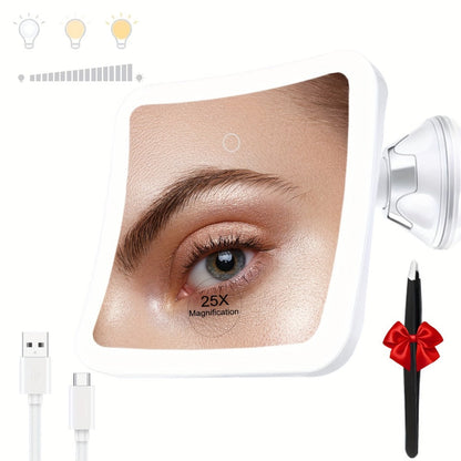 25X Magnifying Mirror with LED Light Suction Cup Mount, Lighted Makeup Mirror 360° Rotation Touch Control 3 Color Modes 2000mAh Rechargeable for Bathroom Vanity Eyebrow Skincare, Tweezer Gift Set