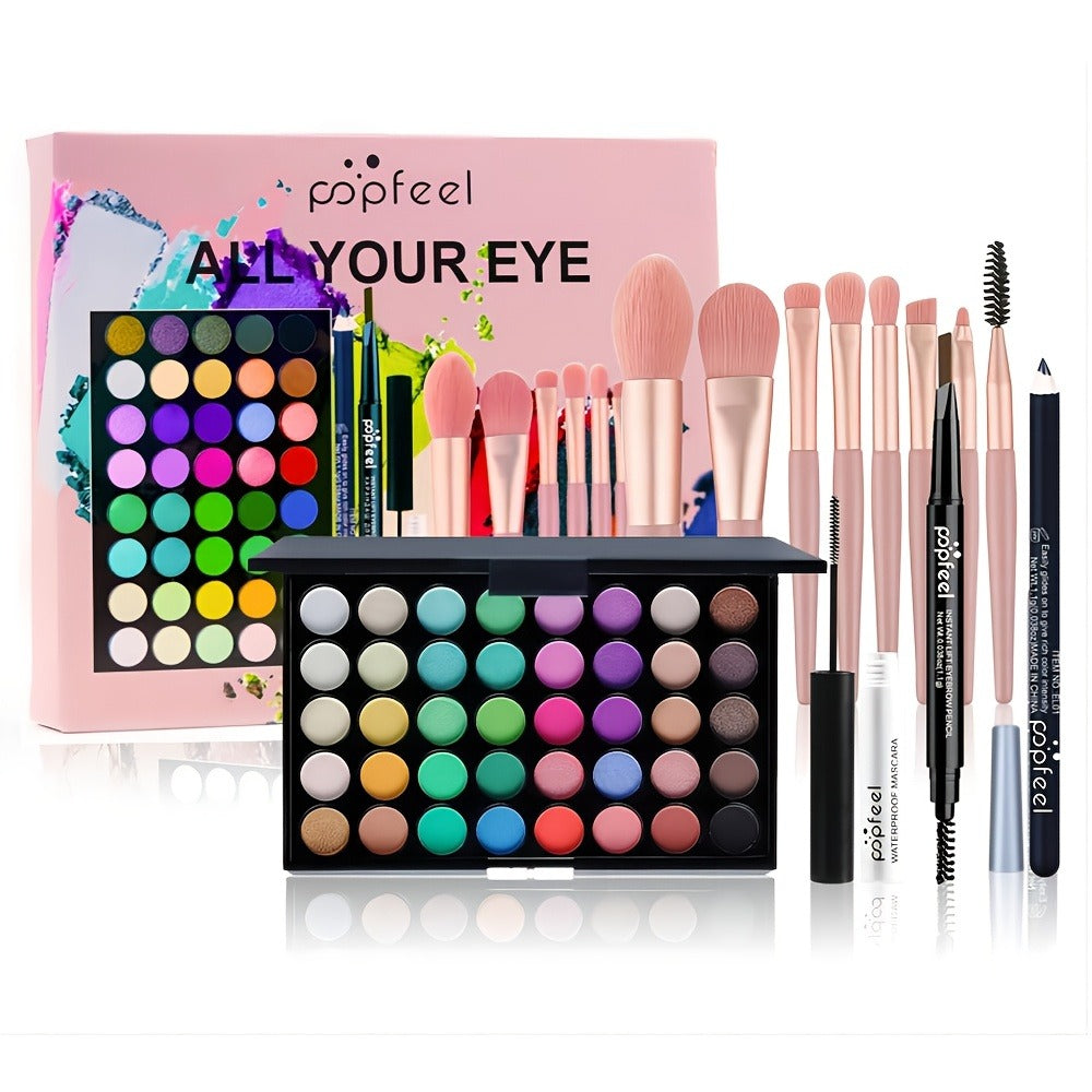 Complete Eye Makeup Kit 40 Color Eyeshadow Palette with Mascara Eyeliner Eyebrow Pencil & Brush — Matte Shimmer Glitter Pigmented