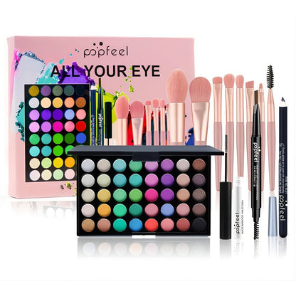 Complete Eye Makeup Kit 40 Color Eyeshadow Palette with Mascara Eyeliner Eyebrow Pencil & Brush — Matte Shimmer Glitter Pigmented