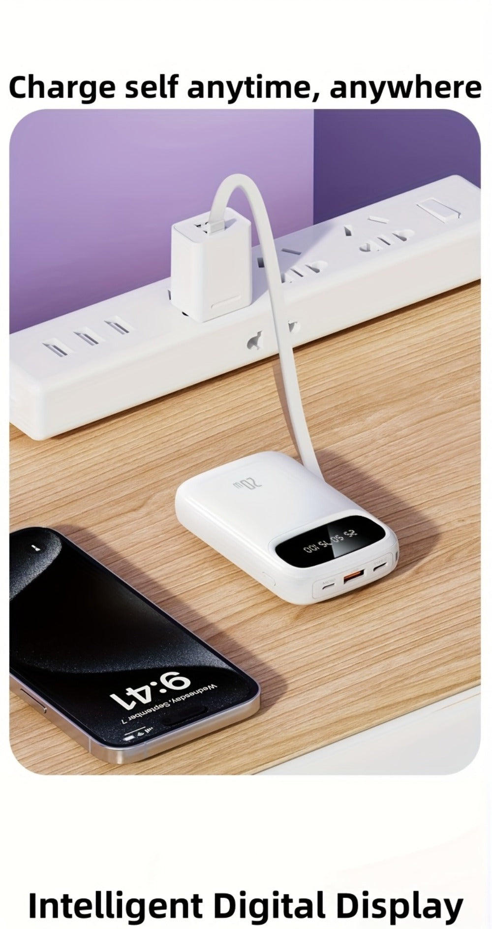Power Bank 10000mAh with Three Built-In Cables, 5W/15W/22.5W Options, Digital Display and Lanyard