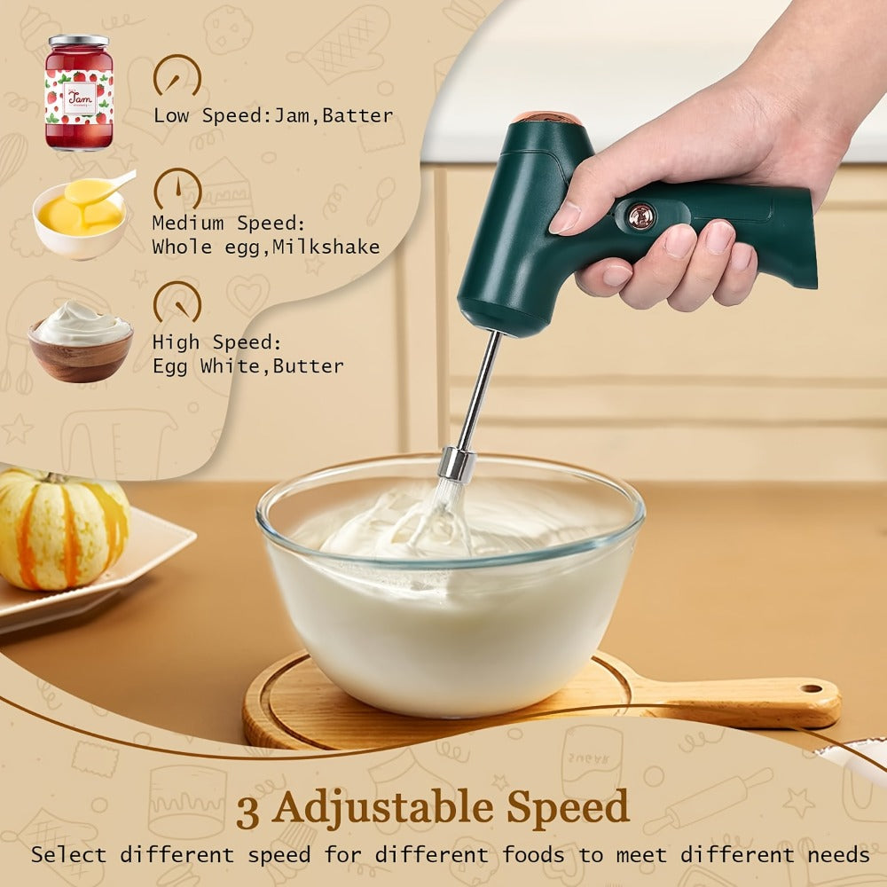 Electric Hand Mixer Cordless USB Rechargeable, 304 Stainless Steel Whisk 3-Speed Settings for Home Cooking, Dining and Outdoor Meals