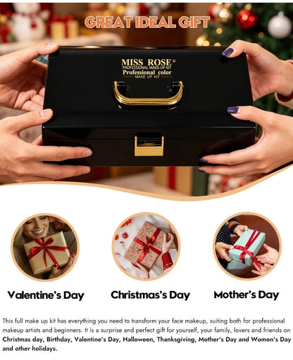 Makeup Kit 58-Color Black Mirror Case with Sliding Trays for Face, Eye and Lip Cosmetics plus Application Tools
