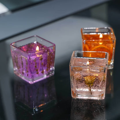550g Floral Inlay Candle in Approximate 8 x 8cm Square Glass Jar, Single Wick and Two Styles