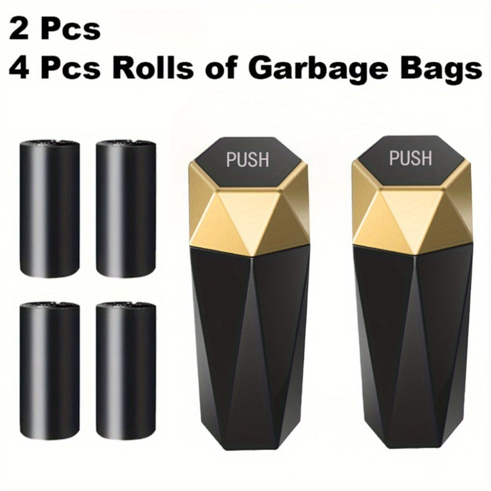 Diamond-Pattern Mini Car Trash Can Pair with Four Bag Rolls, Push Lids and Four Color Choices