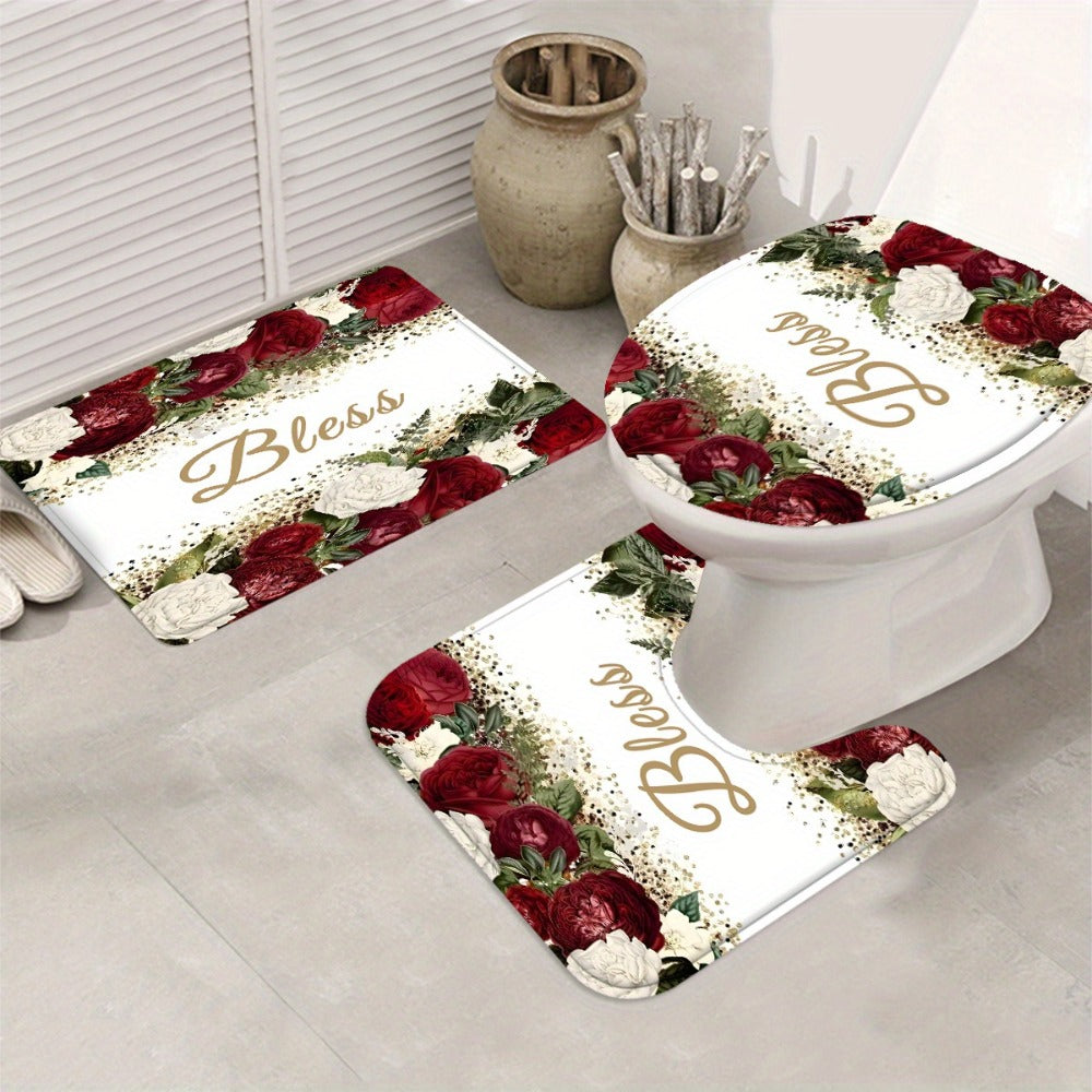Four-Piece Rose and Bless Shower Curtain Set with Coordinated Mats, Lid Cover and Twelve White Hooks