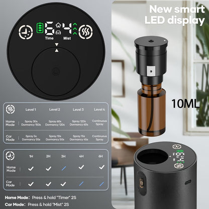 Waterless Essential Oil Diffuser Nebulizer – 4 Mist Levels, 1/2/3/4/6H Timer, Auto-Off, Battery Operated Mini Scent Machine for Home Car Bedroom Hotel, Essential Oil Bundles (Silver & Black)