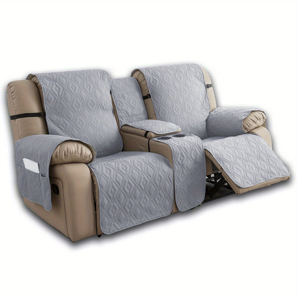 Recliner Loveseat Cover 4 Piece Set Waterproof Split Dual Recliner Sofa Slipcover with Center Console Cover & Straps - Pet Friendly Furniture Protector, Knit Polyester, 8 Colors, Black Grey Beige Navy