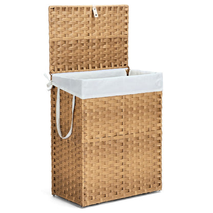 Woven Laundry Hamper with Hinged Lid, Removable Fabric Liner and Side Handles in Two Sizes and Brown or Gray