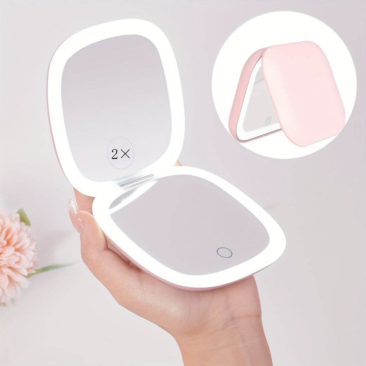 Foldable LED Makeup Mirror Double-Sided 1X 2X Magnification - Handheld Lighted Mirror, for Makeup, Travel and Everyday Vanity Use