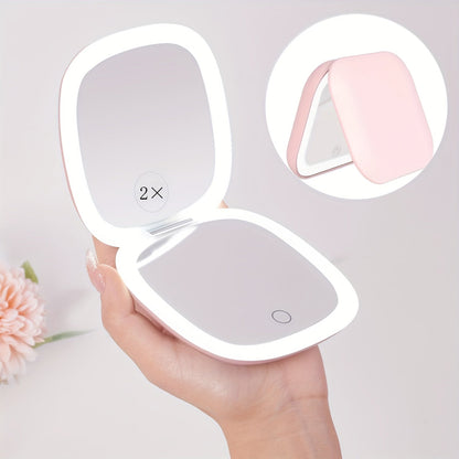 Foldable LED Makeup Mirror Double-Sided 1X 2X Magnification - Handheld Lighted Mirror, for Makeup, Travel and Everyday Vanity Use