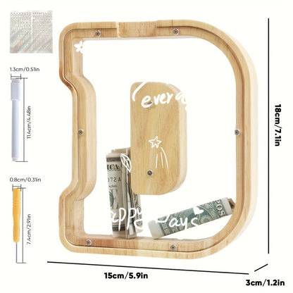 Alphabet Wooden Money Bank with Clear Front Panel, Coin Slot and A-to-Z Letter Options for Adults