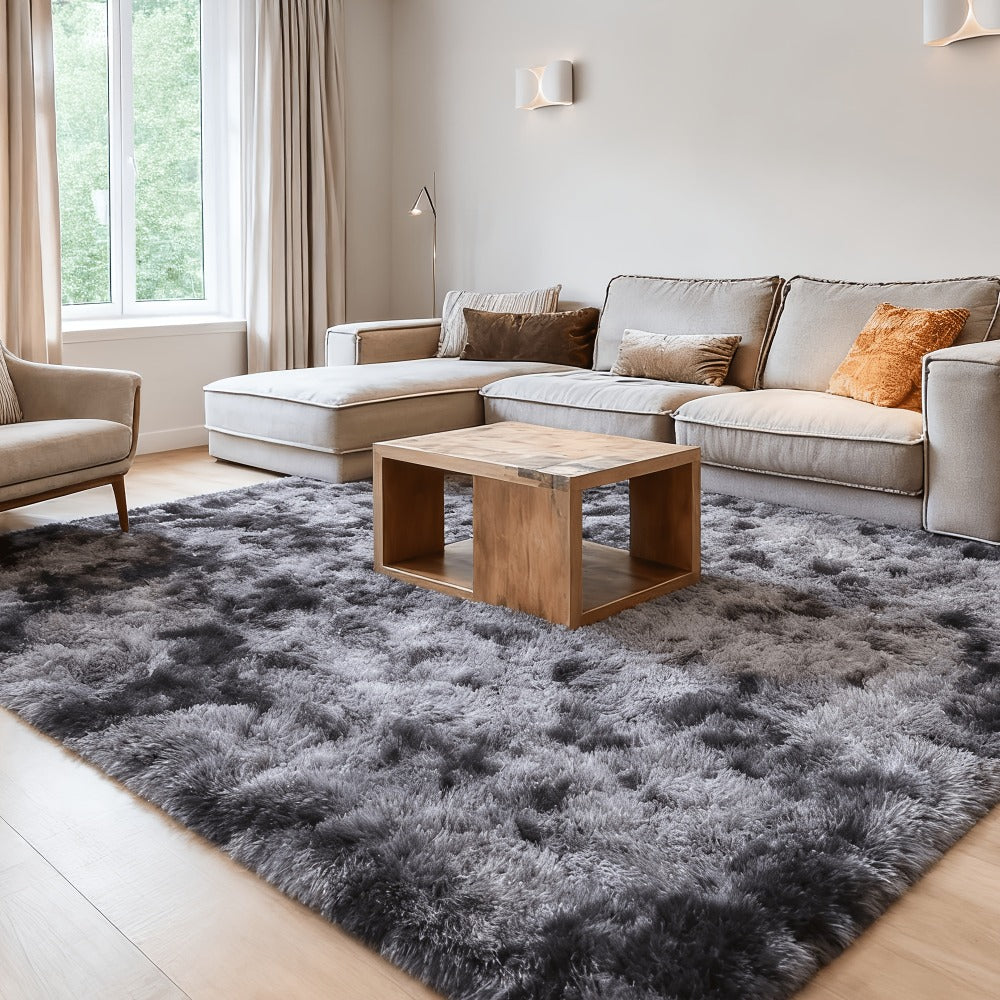 Plush Shag Area Rug in Solid or Tie-Dye Colors with Four Rectangular Size Options for Living Spaces